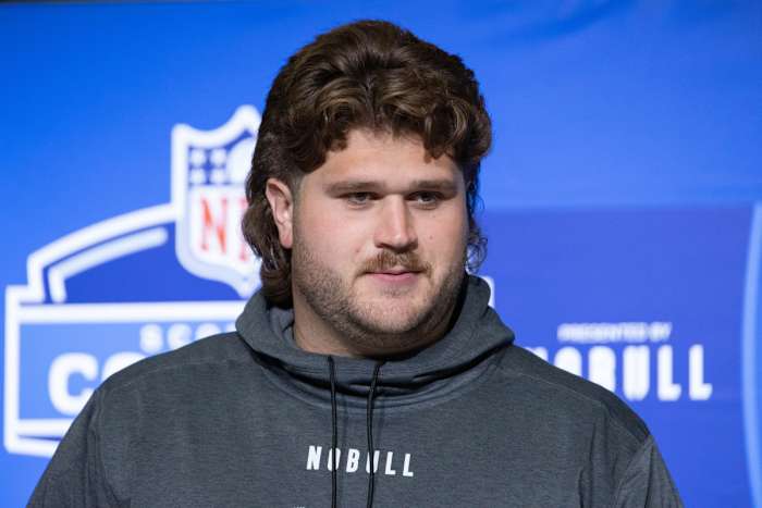 Wisconsin center Joe Tippmann speaks at the 2023 NFL Combine